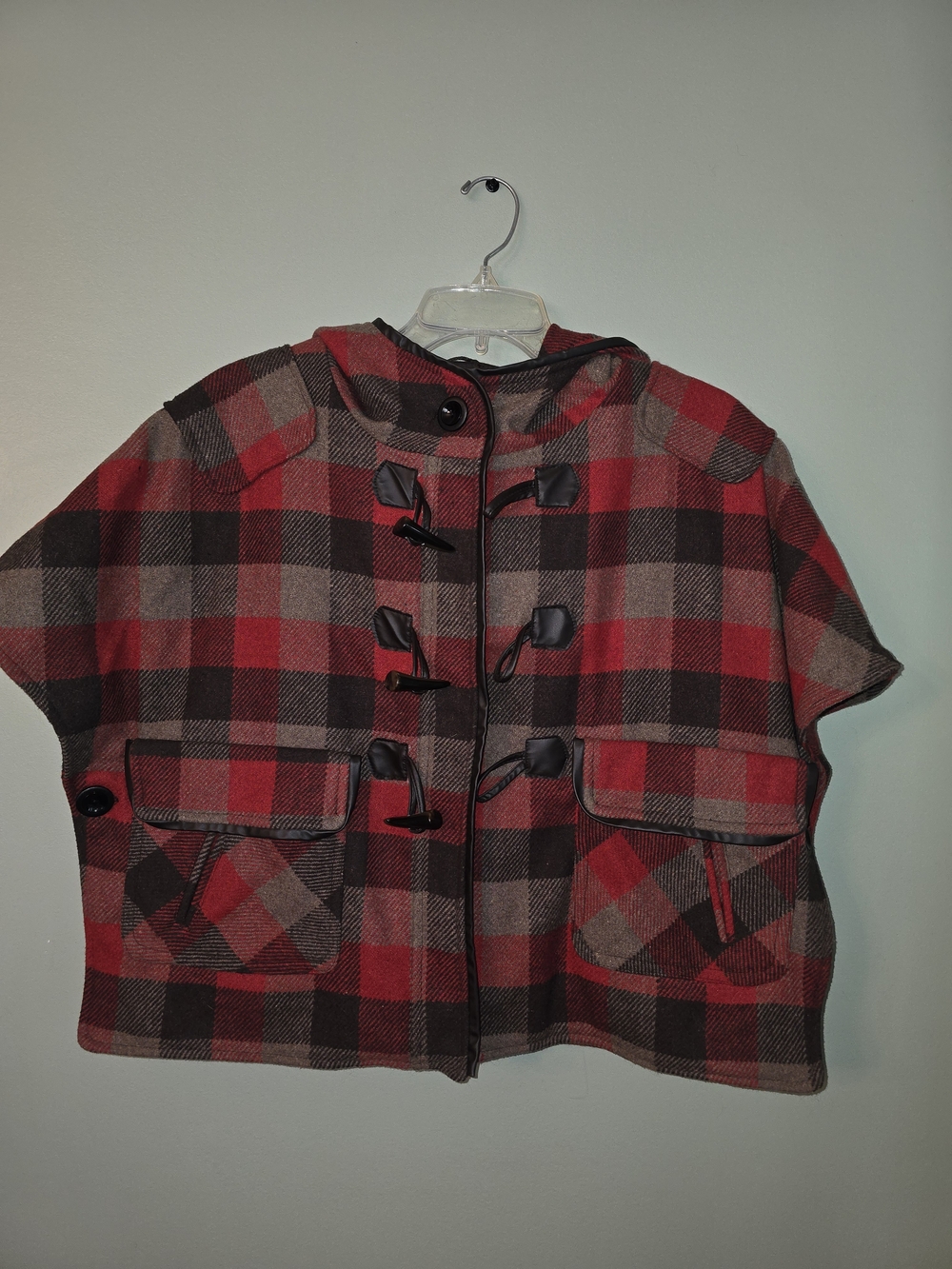 Daytrip Red and Brown Plaid Hooded Toggle Cape